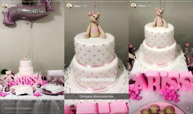 Bolo de chá de bebê: bolo de ursinha em rosa e branco com bolinhas para a sobrinha da youtuber Dri Paz. Feito por: Bolos da Cíntia.